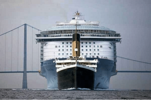 Titanic cruising on the ocean showing its massive front deck