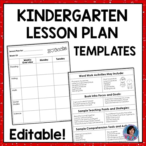 Kinder garden lesson plan template with red frame and picture on the bottom right corner, having a weekly record of reading, writing, book into focus and goals, sample teaching point and strategies.