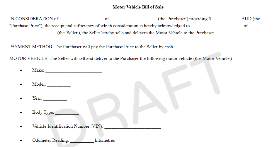 Blank form of the first section of a sample motor vehicle bill of sale template used in Australia