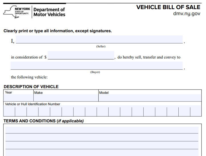 Blank form of the upper section of a vehicle bill of sale template of the Department of Motor Vehicles of New York State