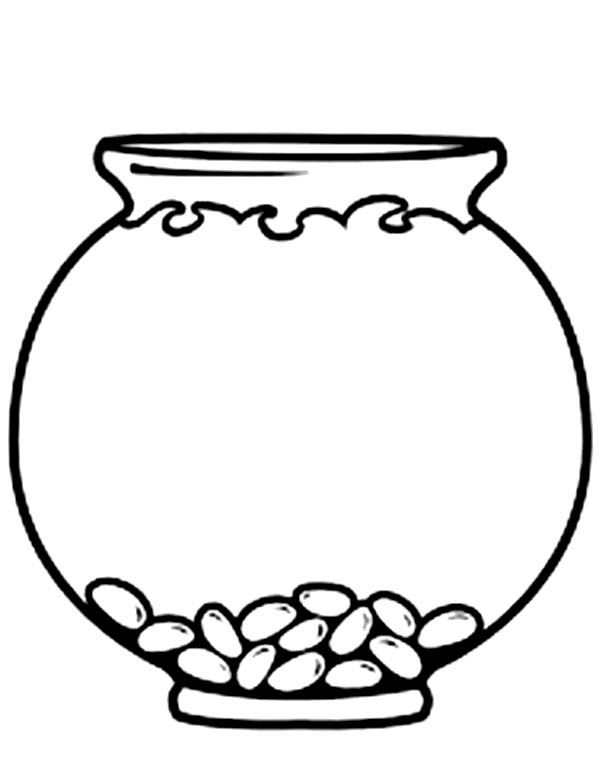 A fish bowl with stones and water inside of it