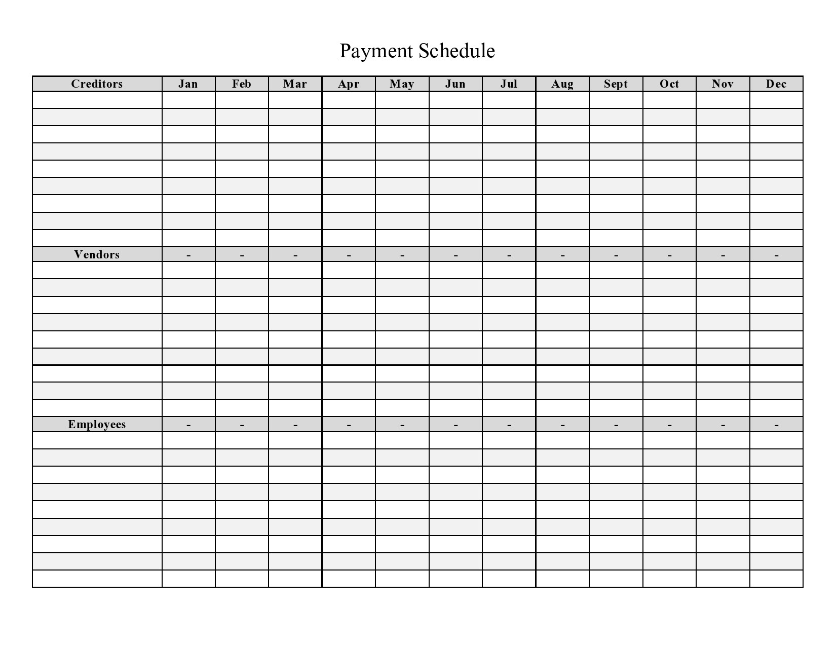 Yearly month-wise Details Of Payment Schedule Template in excel