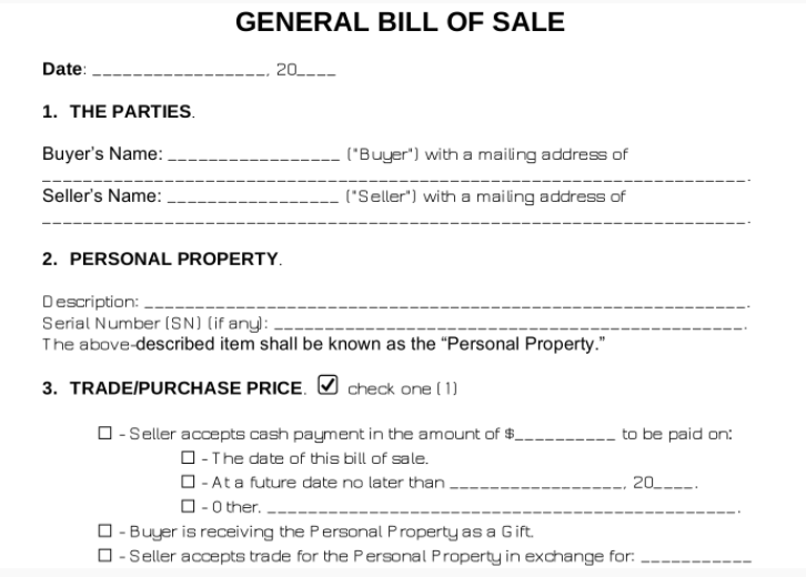 First half part of a blank form of a sample general bill of sale template
