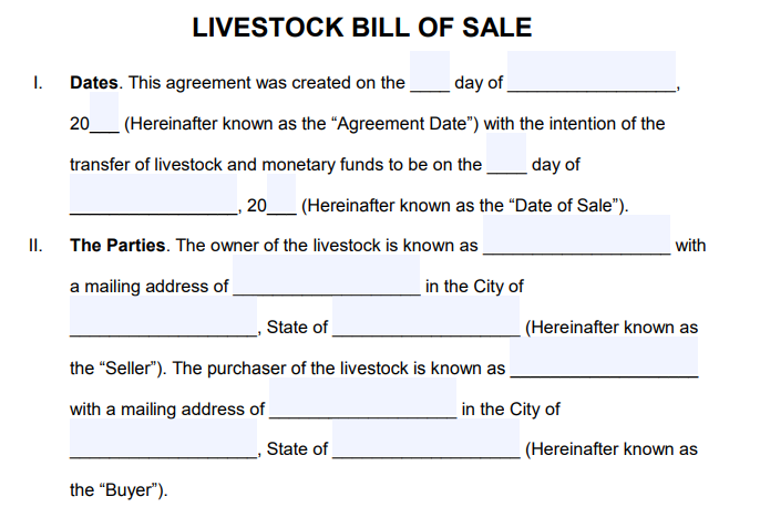 Blank form of the first half part of a sample livestock bill of sale template