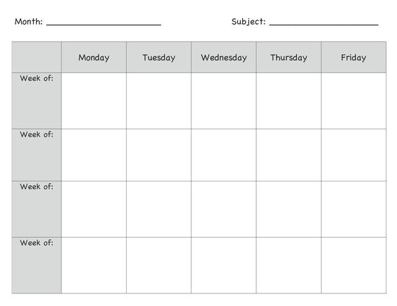 Blank lesson plan template sample with rows consisting of weeks and columns consisting of days