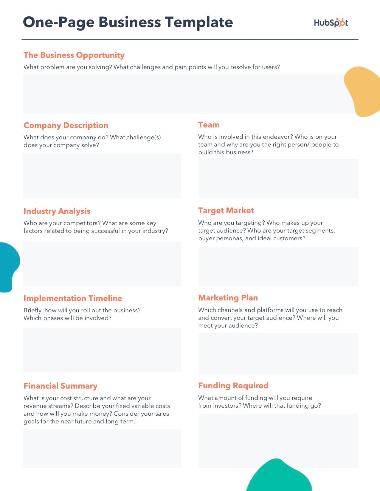 One page business plan template chart