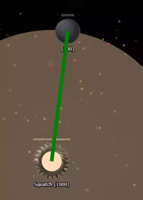 A green line connecting two planets