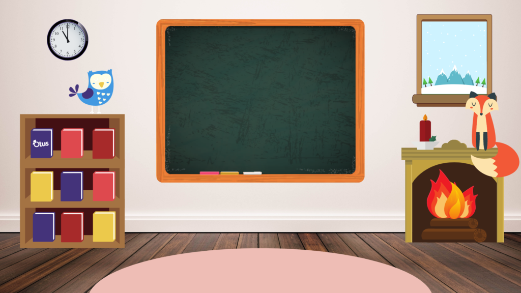 Peaceful class environment with books place in books cabinet, blackboard with colorful chalks