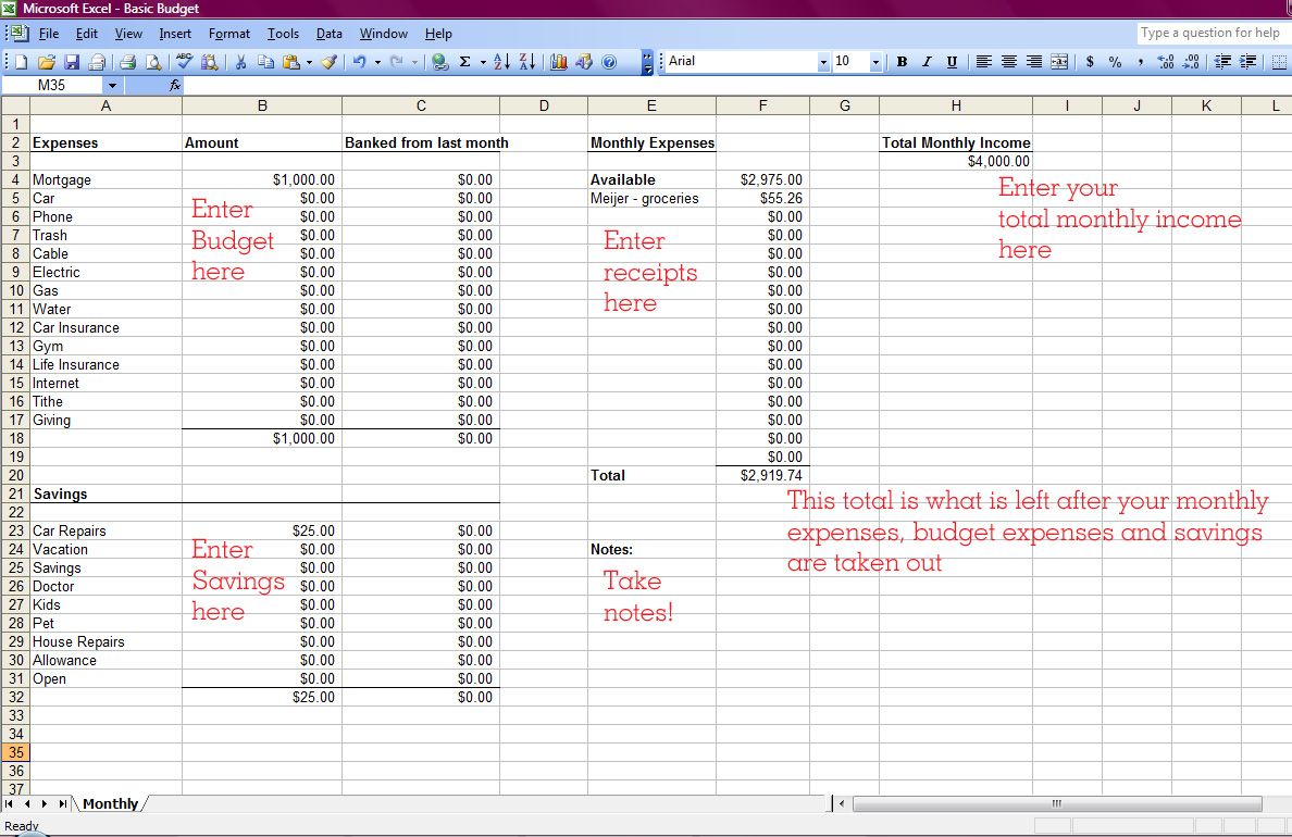 Monthly budget sample template on excel with different columns having a monthly income, savings, receipts, budget