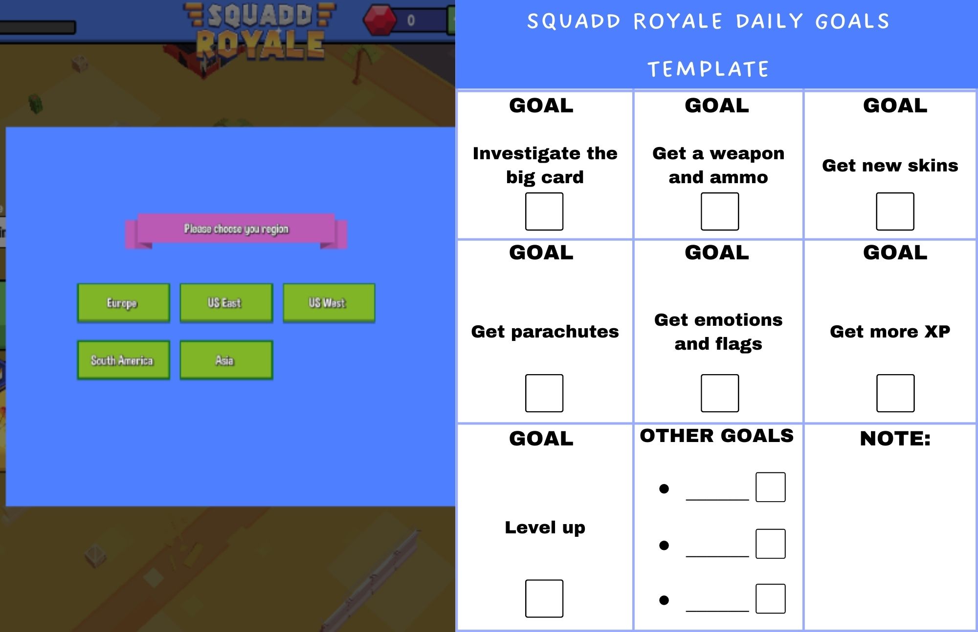 The Squadd Royale with a daily goals template on the side 