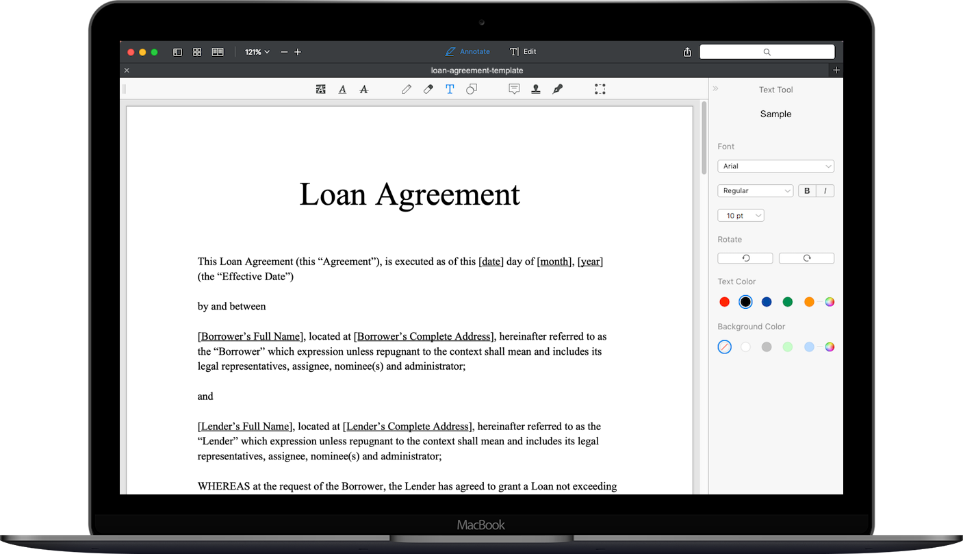 Loan agreement template showing on macbook screen