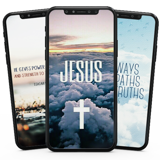 Three mobile phones with Christian Themed wallpaper