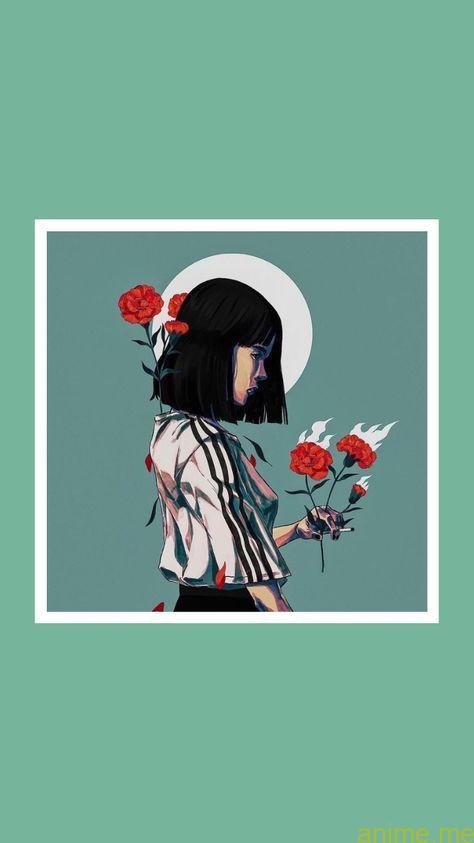 Girl holding Roses Anime Aesthetic Wallpaper For iPhone