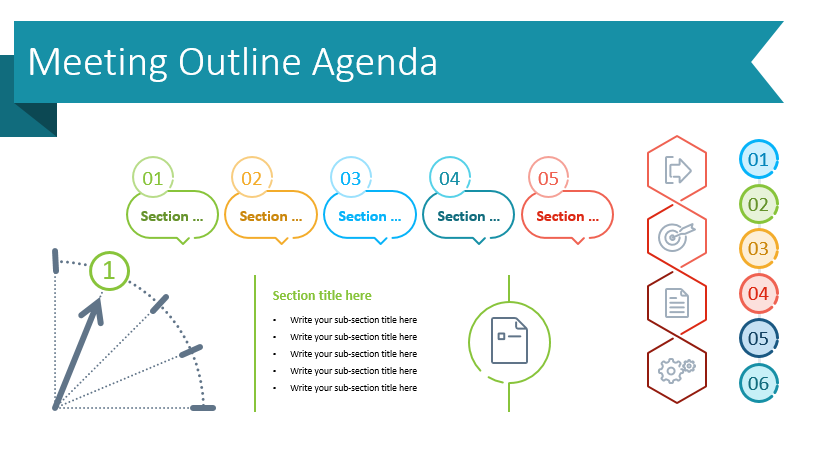 Presentation template for meeting agenda showing different sections in a colorful theme