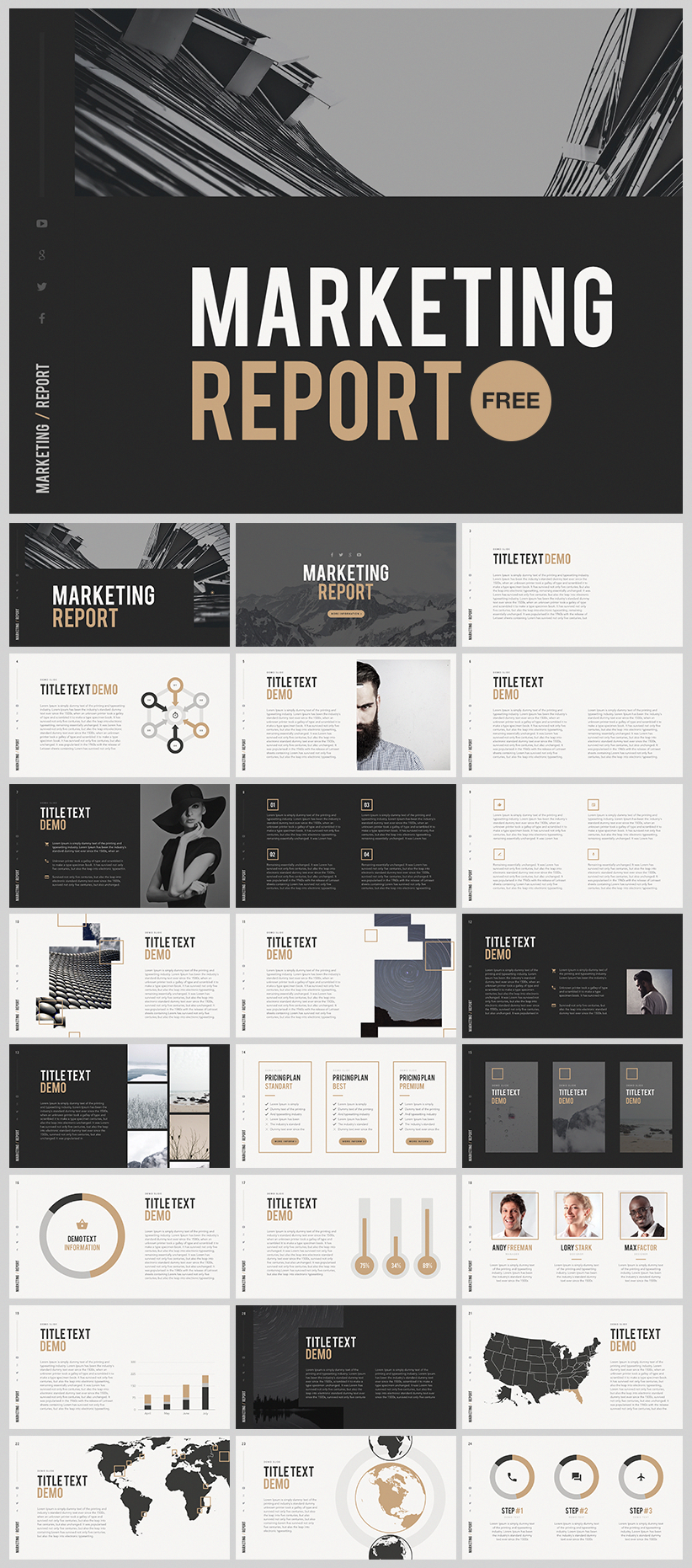 Marketing report presentation template on PowerPoint in grey and white theme