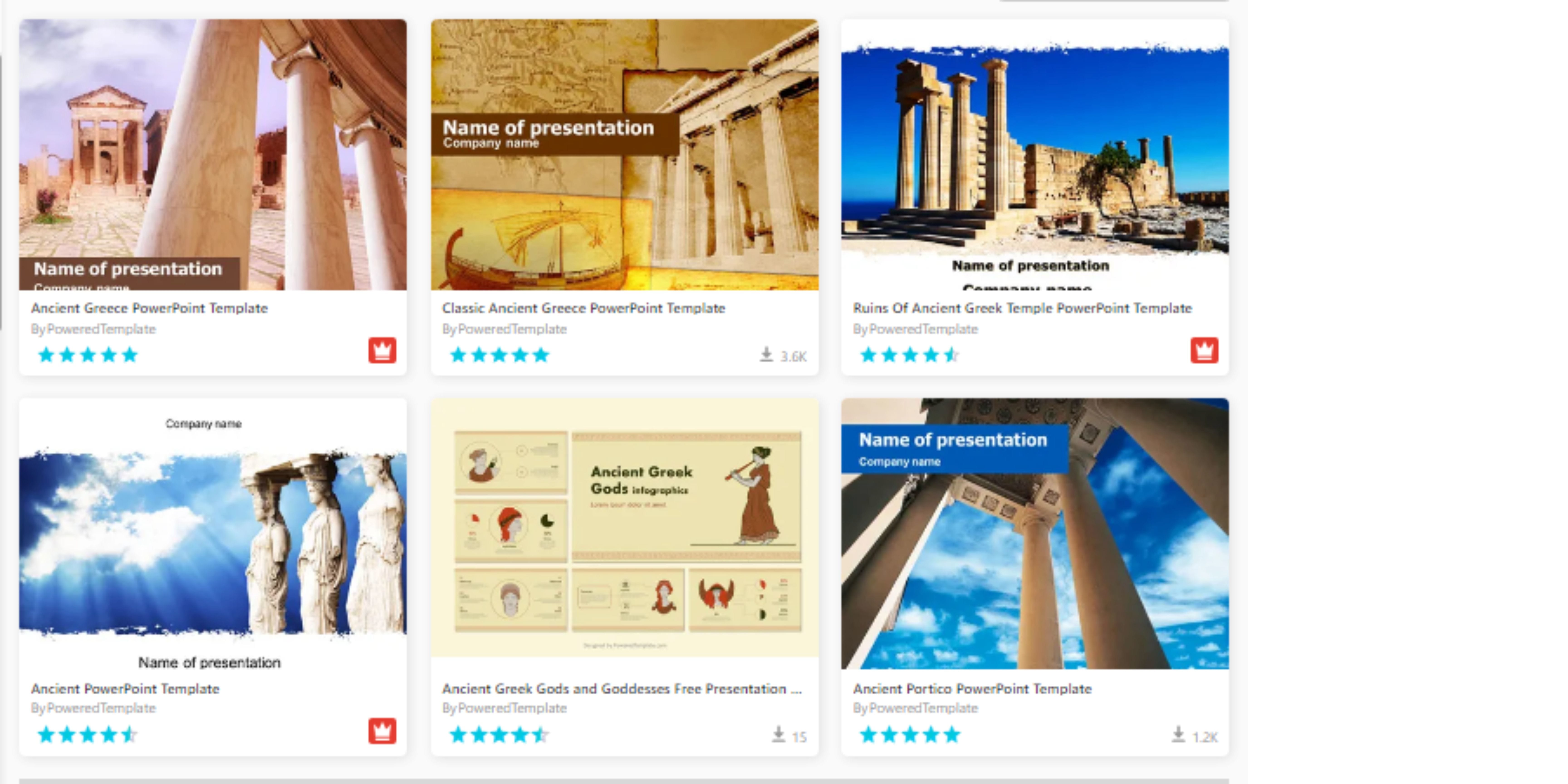Six different styles of Greek PowerPoint templates