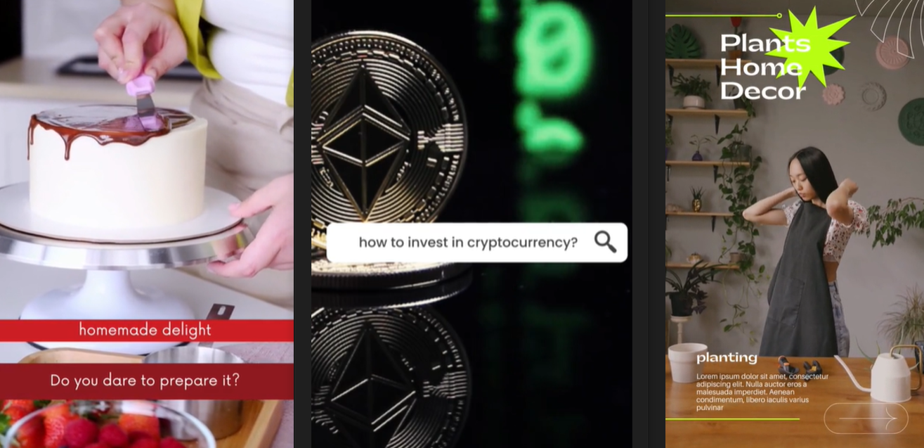 Three TikTok video templates for baking, cryptocurrency and DIY stuff