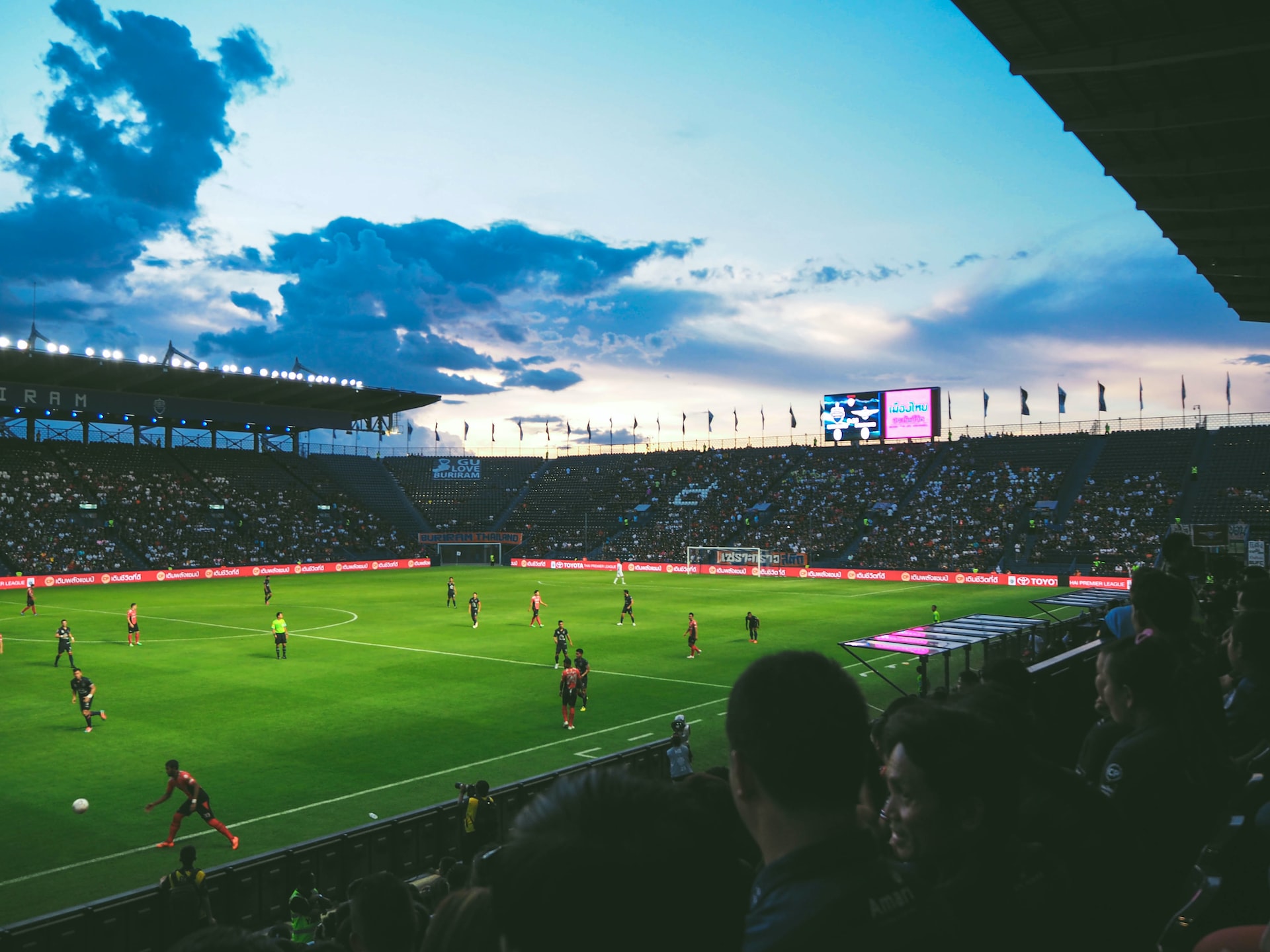 Sunset view in a stadium during a soccer match